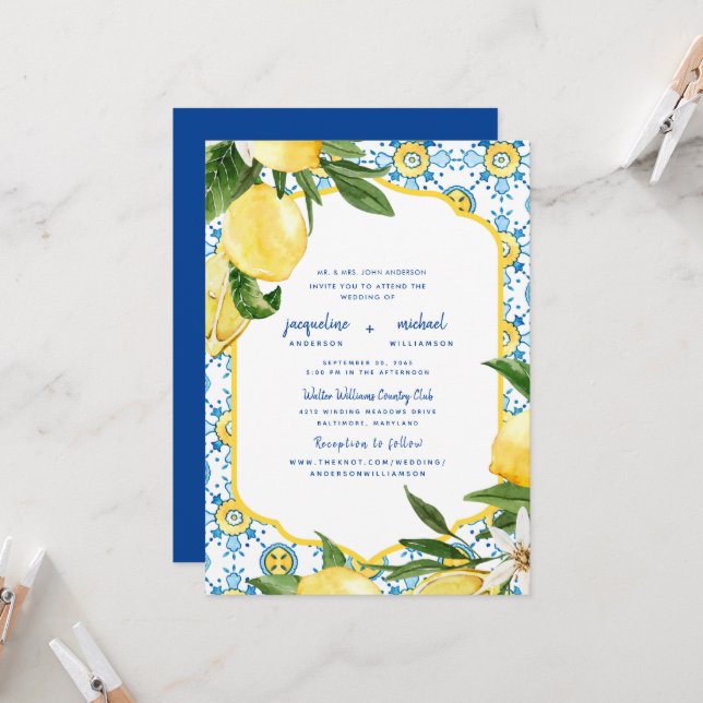 Invitation Moderne Méditerranéen Cobalt Bleu & Lemons Parents (Devant/Arrière en situation)
