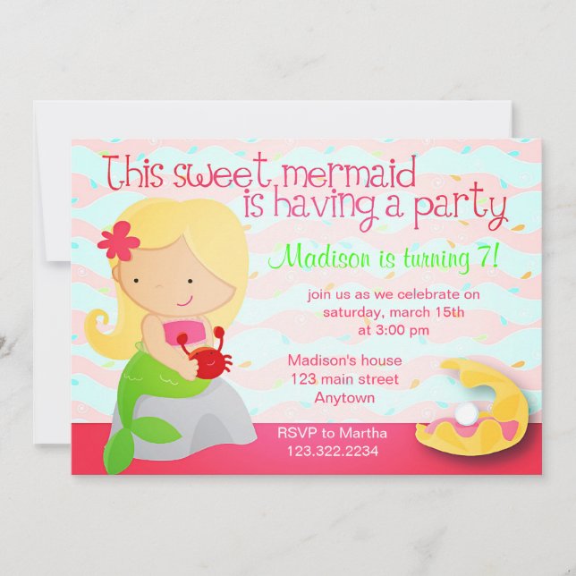 Invitation Moderne Mignonne Sirène rose Anniversaire Invitati (Devant)