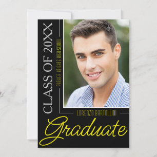 Invitation Moderne Minimal 1 Photo Black Yellow Graduation