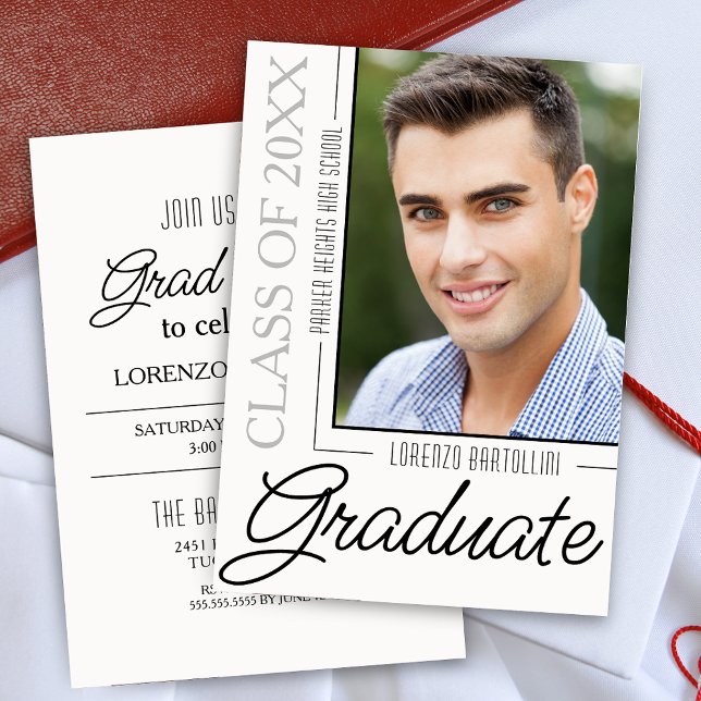 Invitation Moderne Minimal 1 Photo Graduation noir et blanc (Modern Minimal Black and White Grad Party Graduation Announcement Invitation)