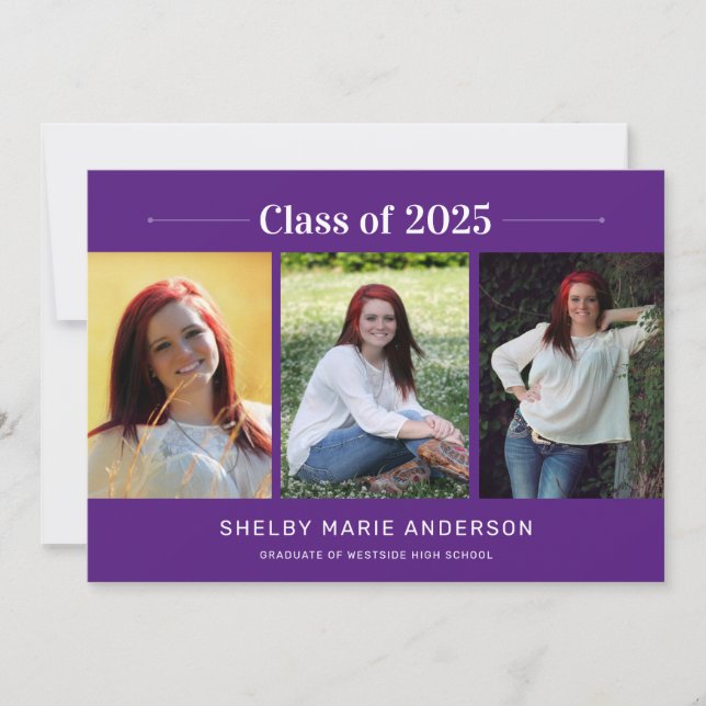 Invitation Moderne Minimal 3 Photos Purple Graduation (Devant)