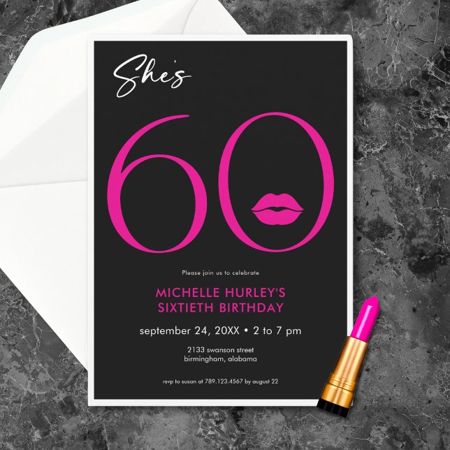 Invitation Moderne minimal rose lèvres Elle a soixante ans (Modern Minimal Pink Lips She's Sixty Birthday Invitation)