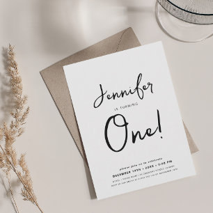Invitation Moderne minimaliste 1er anniversaire Script noir e