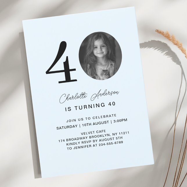 Invitation Moderne, minimaliste 40. Photo d'anniversaire (Modern, minimal 40. Photo, Script Font, Light-Blue, Birthday Invitation.)