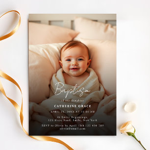 Invitation Moderne minimaliste blanc Script bébé photo Baptêm
