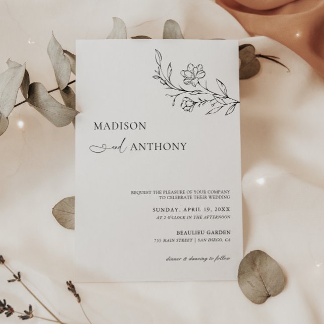 Invitation Moderne minimaliste ligne florale blanche Mariage  (Créateur téléchargé)