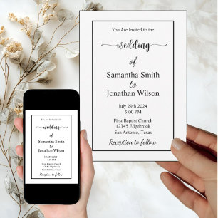 Invitation Moderne Minimaliste Mariage Blanc sur Fond Noir