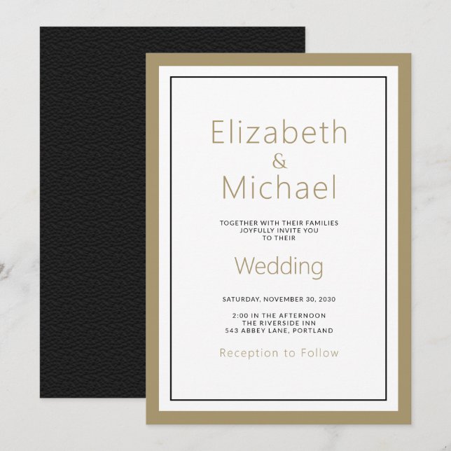 Invitation Moderne minimaliste Mariage noir or (Devant / Derrière)