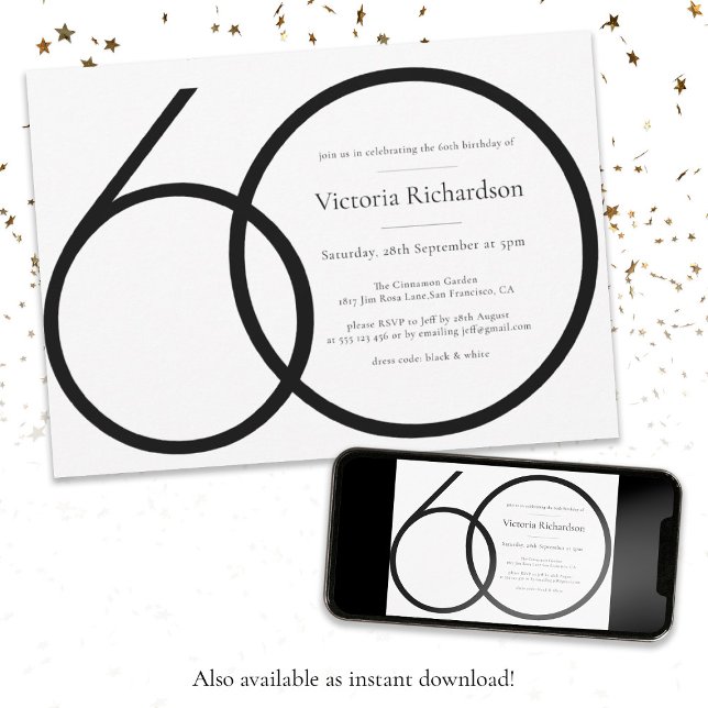 Invitation Moderne minimaliste noir blanc 60e fête d'annivers (60th Birthday Classy Modern Minimalist Black White Invitation)