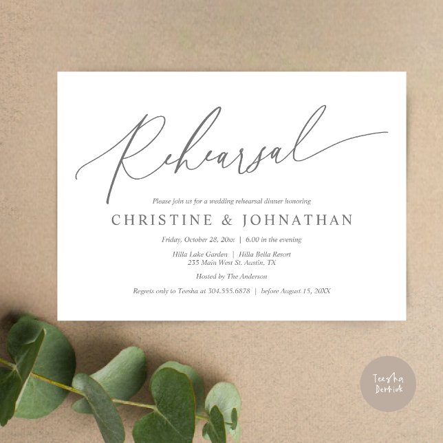 Invitation Moderne minimaliste, répétition Mariage et dîner (Wedding Rehearsal Dinner Invitation Card, PDF, Modern Minimalist Handwriting, in dark grey)