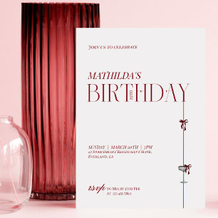 Invitation Moderne Minimaliste Rouge Bourgogne Noeud Annivers