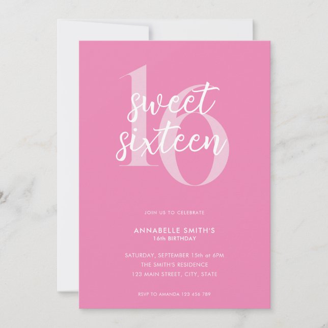 Invitation Moderne minimaliste Sweet sixteen rose 16e anniver (Devant)