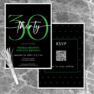 Invitation Moderne minimaliste vert 30 Script Anniversaire QR