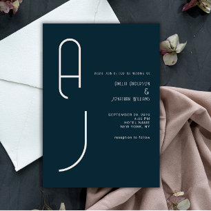 Invitation Moderne Monogramme Mat Matrimonial Bleu Nuit