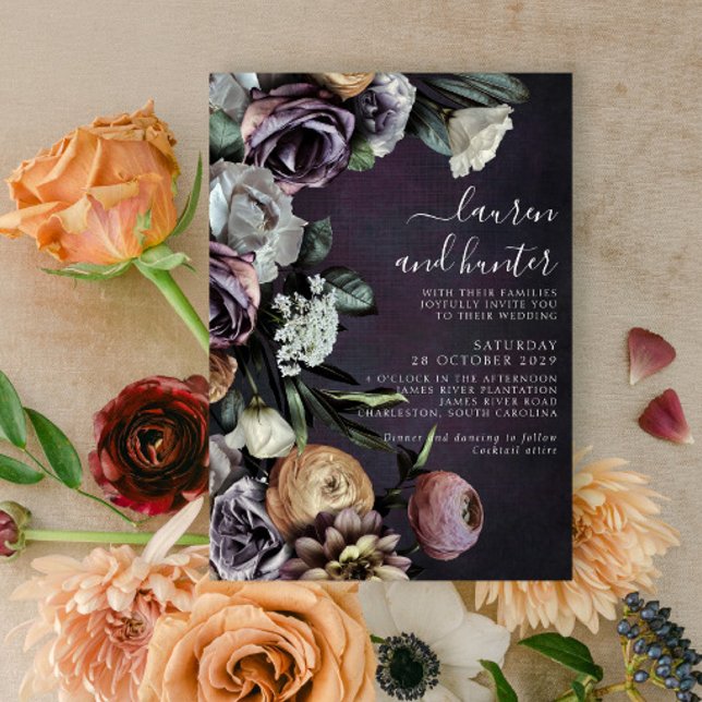 Invitation Moderne Moody foncé violet Script Floral Mariage I (Créateur téléchargé)