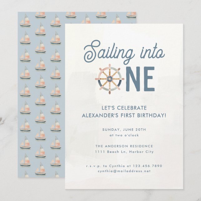 Invitation Moderne Nautique Bleu Pastel Enfants 1er anniversa (Devant / Derrière)