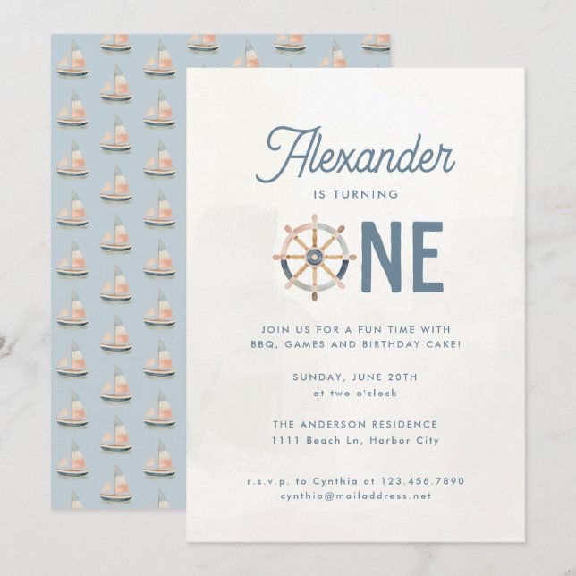 Invitation Moderne Nautique Bleu Pastel Enfants 1er anniversa (Devant / Derrière)
