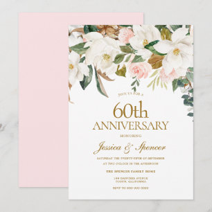 Invitation Moderne Noces de Diamant Floral Blanc Rose 60ème A
