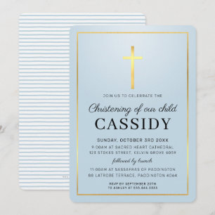 Invitation MODERNE NOËL feuille d'or croix bleu bébé