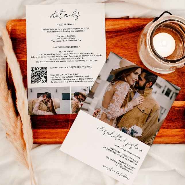 Invitation Moderne noir blanc 4 photo Qr tout en un mariage (Modern black white 4 photo Qr all in one wedding Invitation on white)