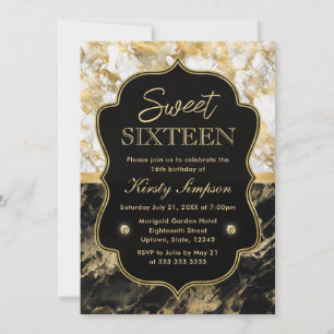 Invitation Moderne Noir, Blanc et Or Marbre Sweet 16