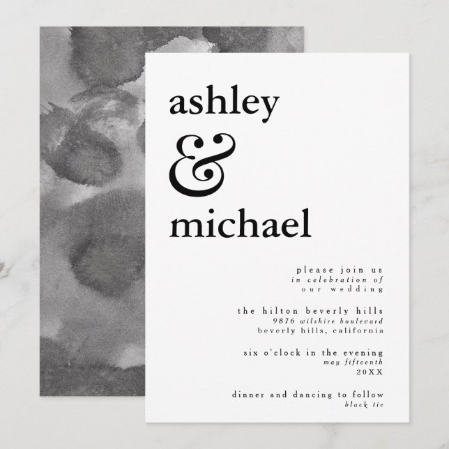 Invitation MODERNE NOIR & BLANC Mariage d'aquarelle (Devant / Derrière)