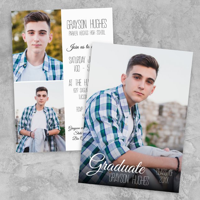 Invitation Moderne noir et blanc 3 photo Stylish Graduation (Modern Graduation Invitation for Guys or Girls with Script and Trendy Typography)