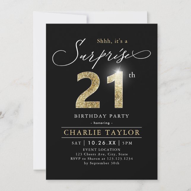 Invitation Moderne noir et or adulte surprise 21e anniversair (Devant)