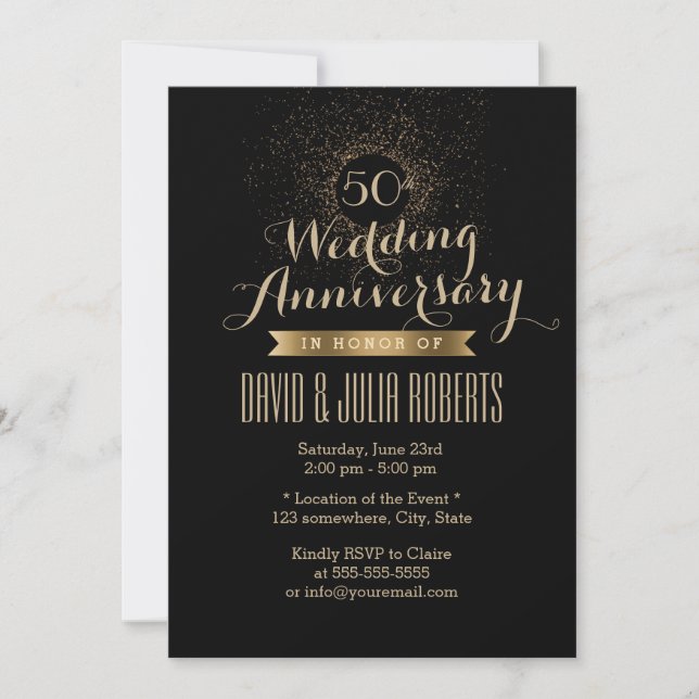 Invitation Moderne Noir & Or 50e Anniversaire de Mariage (Devant)