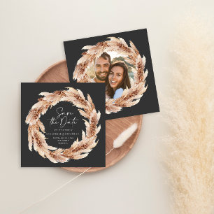 Invitation Moderne noir terre cuite pampas herbe photo mariag