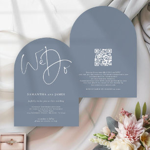 Invitation Moderne Nous faisons Script Dusty Blue QR Code Mar