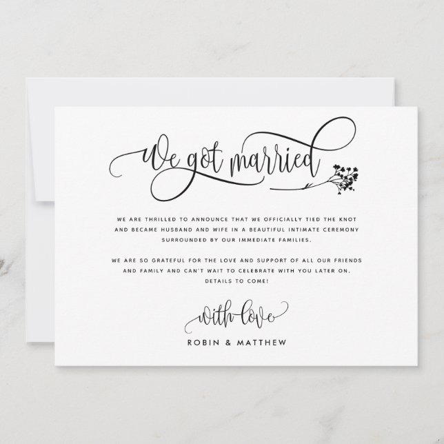 Invitation Moderne Nous Nous Sommes Mariés Mariage / Elope Fa (Devant)