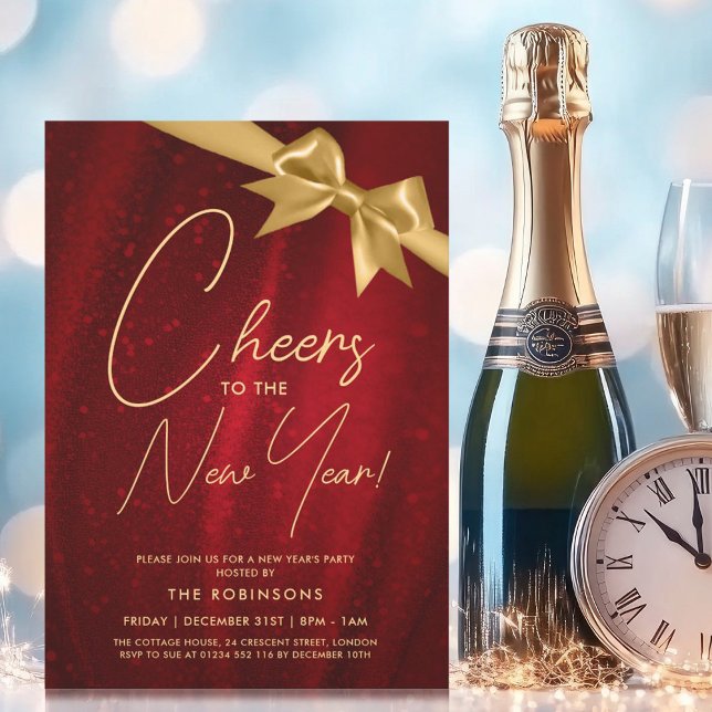 Invitation MODERNE Nouvel An Eve Gold Red Sparkle Bow (MODERN New Years Eve Gold Red Sparkle Sequin Bow Invitation)
