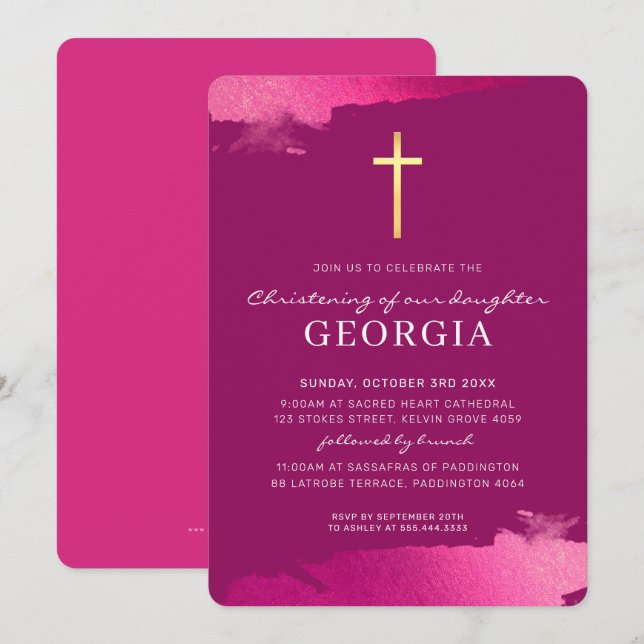 Invitation MODERNE NOYAGE feuille or croix rose foncé (Devant / Derrière)