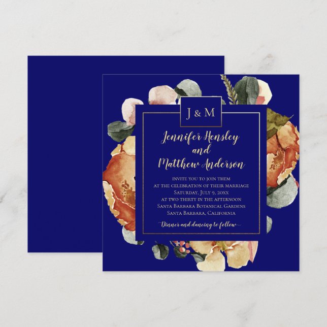 Invitation Moderne Octobre Blooms Marine Blue Monogram Mariag (Devant / Derrière)