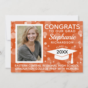 Invitation Moderne Orange Bokeh Bubbles Photo Graduation