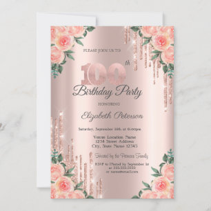 Invitation Moderne Paillettes Gouttes Floral Rose Or 100ème