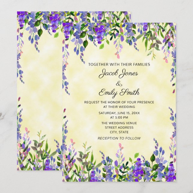Invitation Moderne Pastel Aquarelle Lavande Jaune Mariage (Devant / Derrière)
