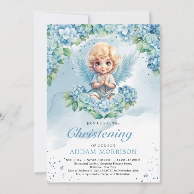 Invitation Moderne pastel bleu hydrangea garçon ange (Devant)
