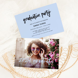 Invitation Moderne   Photo et texte manuscrit bleu