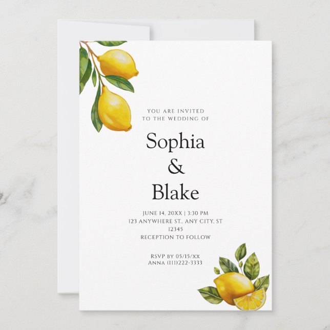 Invitation Moderne Printemps Thème Citrus Citrus Blanc Mariag (Devant)