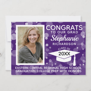 Invitation Moderne Purple Bokeh Bubbles Photo Graduation