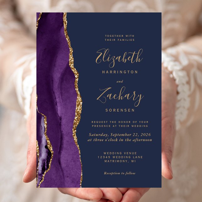 Invitation Moderne Purple Gold Agate Marine Mariage bleu (Créateur téléchargé)