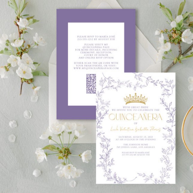 Invitation Moderne Purple Or Botanique Floral QR Quinceañera (Créateur téléchargé)