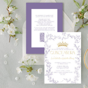 Invitation Moderne Purple Or Botanique Floral QR Quinceañera