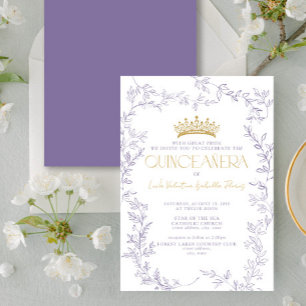 Invitation Moderne Purple Or Botanique Floral Quinceañera