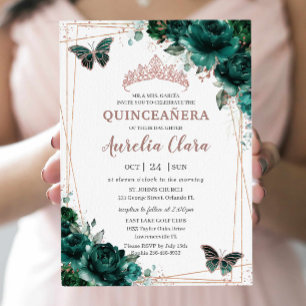 Invitation Moderne Quinceañera Emerald Vert Floral Rose Or