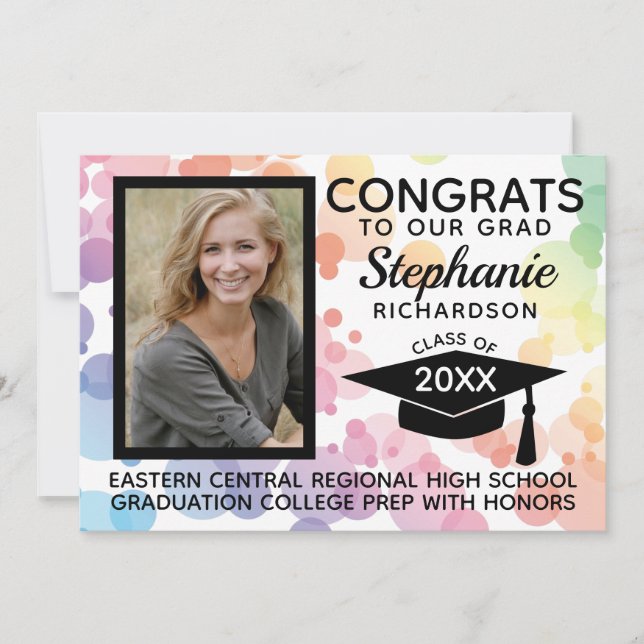 Invitation Moderne Rainbow Bokeh Bubbles Photo Graduation (Devant)