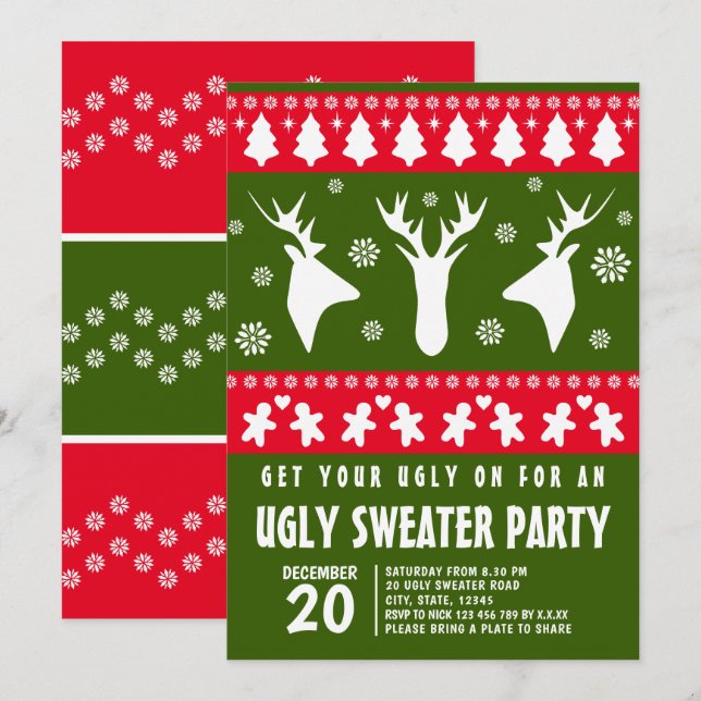 Invitation Moderne Red and Green Reindeer Ugly Sweat Party (Devant / Derrière)