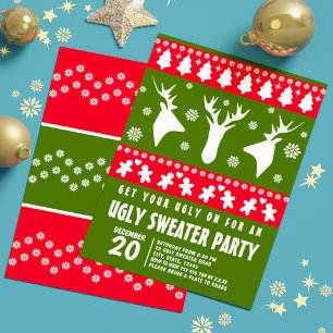 Invitation Moderne Red and Green Reindeer Ugly Sweat Party